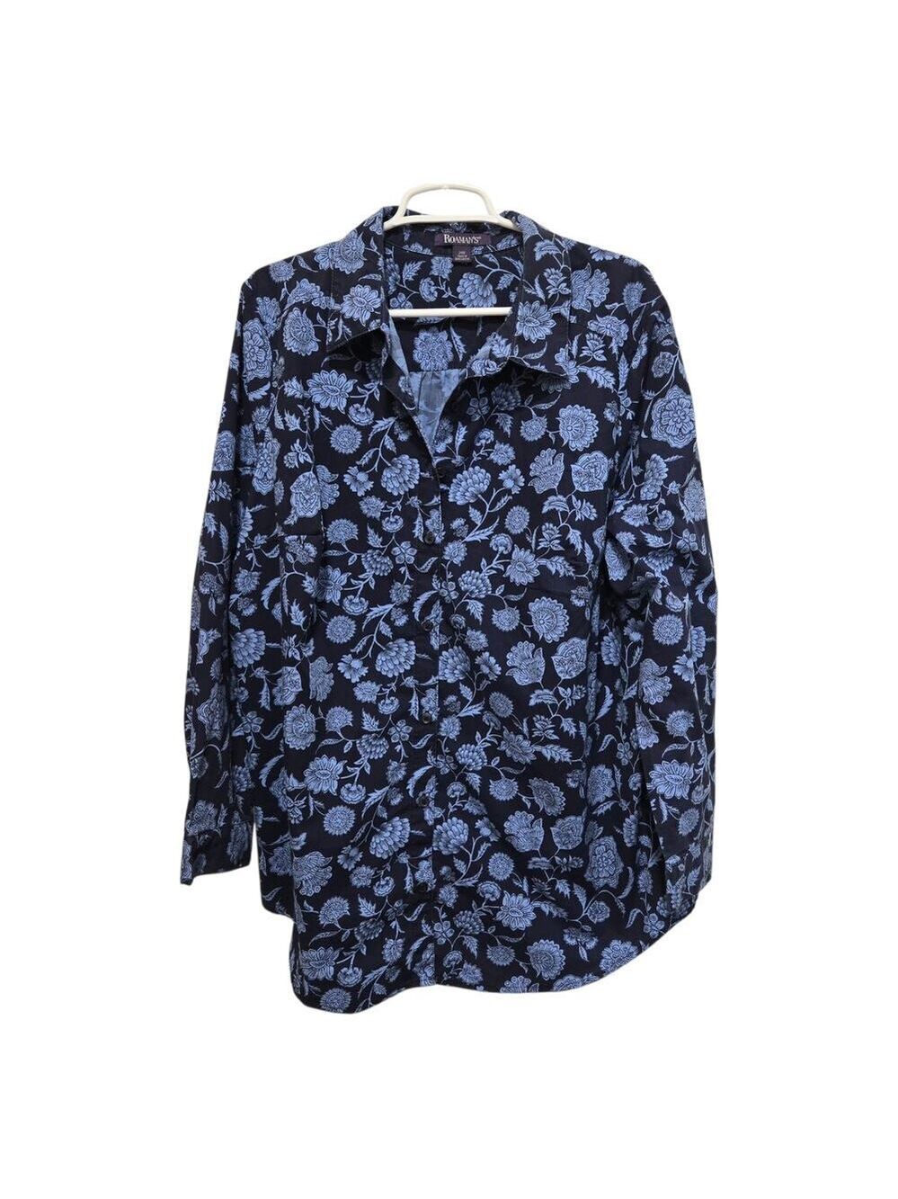 Roamans Floral Button Shirt 24W Black Blue Long Sleeve Plus